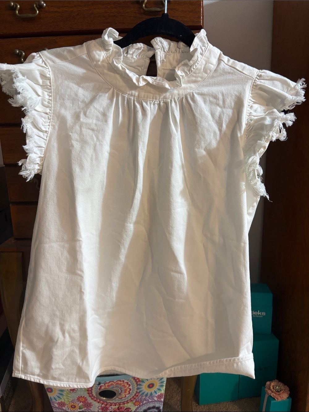 Ruffle Neck Cotton Top - off white